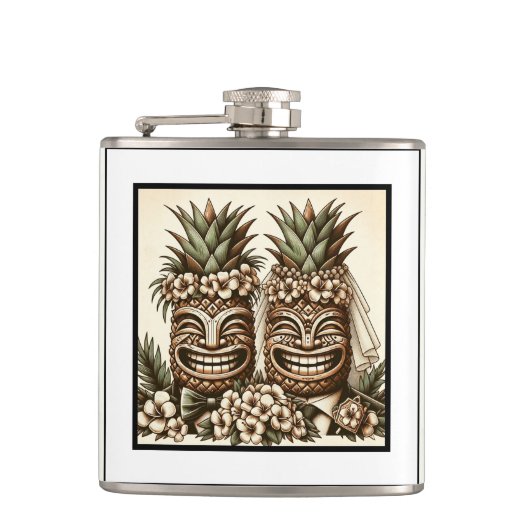 Twee Grooms Gay Ananas Tiki Hoofd Retro Bruiloft Heupfles (Voorkant)