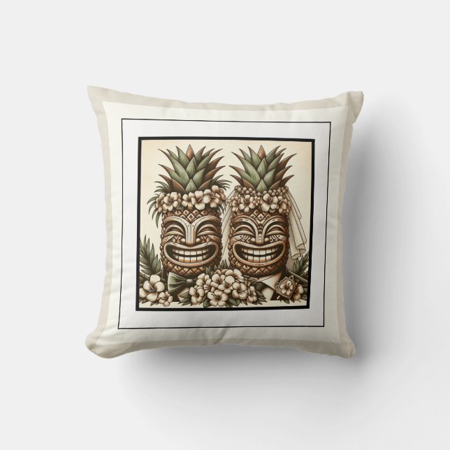 Twee Grooms Gay Ananas Tiki Hoofd Retro Bruiloft Kussen (Voorkant)