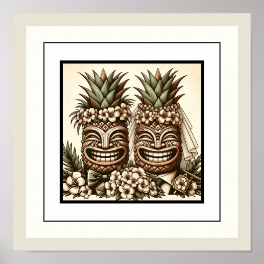 Twee Grooms Gay Ananas Tiki Hoofd Retro Bruiloft Poster (Voorkant)