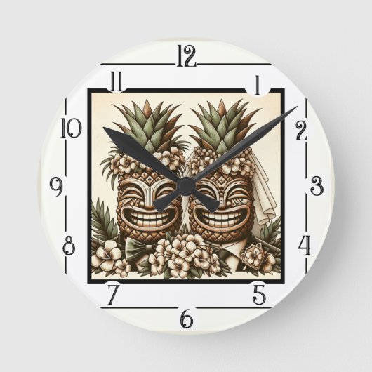 Twee Grooms Gay Ananas Tiki Hoofd Retro Bruiloft Ronde Klok (Voorkant)