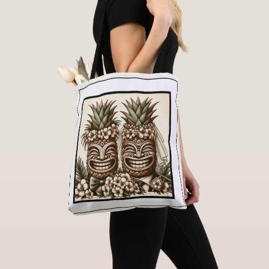 Twee Grooms Gay Ananas Tiki Hoofd Retro Bruiloft Tote Bag (Dichtbij)