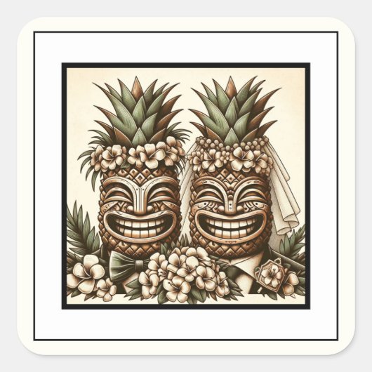 Twee Grooms Gay Ananas Tiki Hoofd Retro Bruiloft Vierkante Sticker (Voorkant)