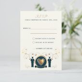 Twee Grooms Goud Hartcrème Blauw LGBTQ Bruiloft RSVP Kaartje (Staand voorkant)