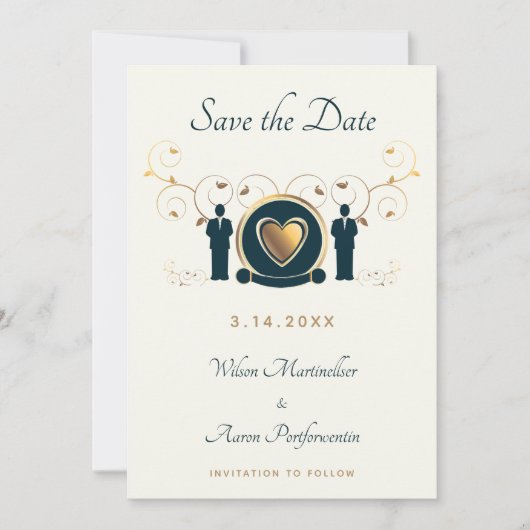 Twee Grooms Mannelijke bruiloft Cream Blue LGBTQ Save The Date (Voorkant)