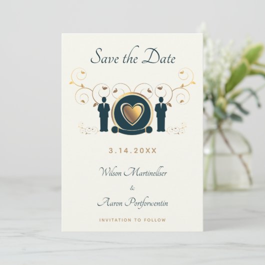 Twee Grooms Mannelijke bruiloft Cream Blue LGBTQ Save The Date (Staand voorkant)