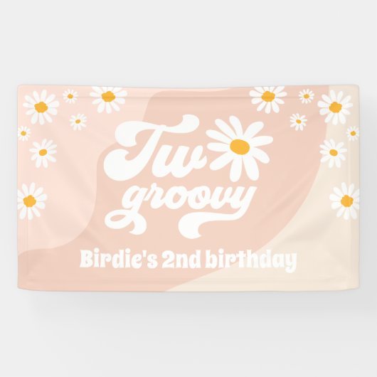 Twee Groovy 2de verjaardag van de Retro Daisy Welk Spandoek (Horizontaal)