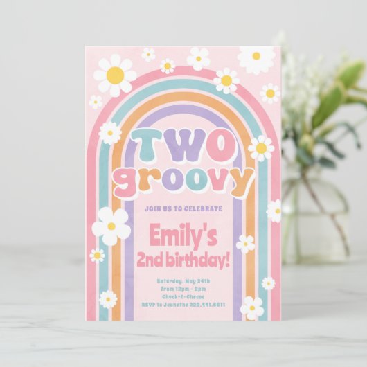 Twee groovy 2e Retro verjaardagsfeestje uitnodigin Kaart (Staand voorkant)