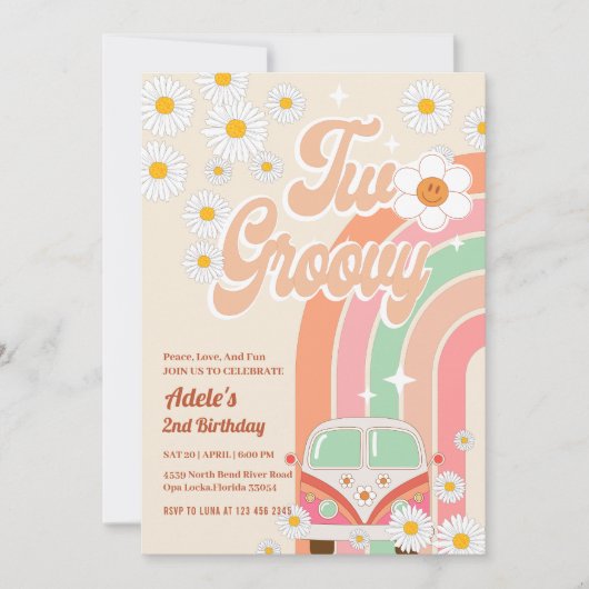 Twee Groovy 2e Verjaardag Roze Daisy Regenboog Van Kaart (Voorkant)