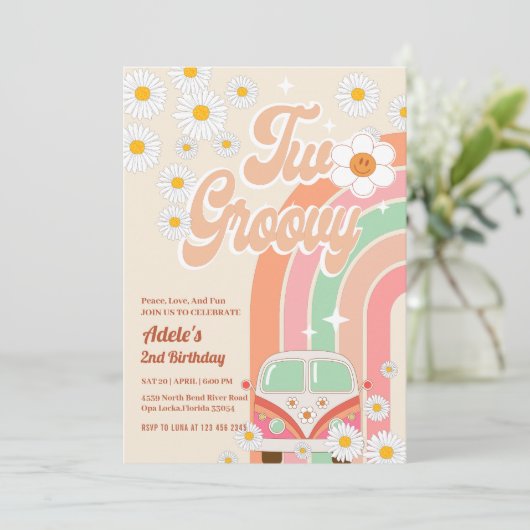 Twee Groovy 2e Verjaardag Roze Daisy Regenboog Van Kaart (Staand voorkant)