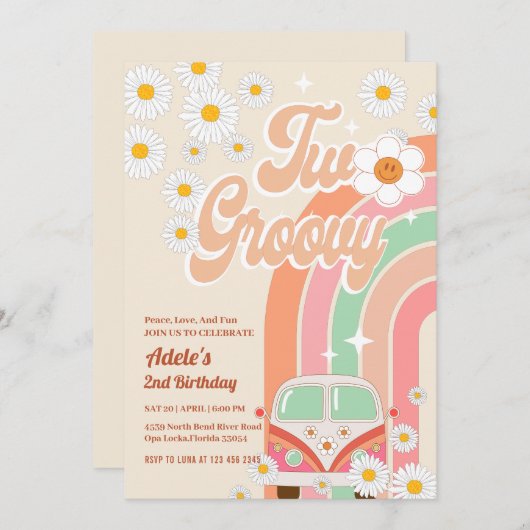 Twee Groovy 2e Verjaardag Roze Daisy Regenboog Van Kaart (Voorkant / Achterkant)