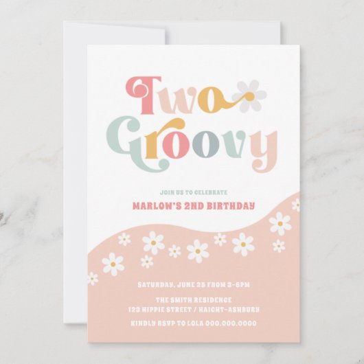 Twee Groovy 2e verjaardag Roze uitnodiging (Voorkant)