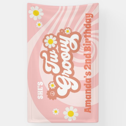 Twee Groovy 2e verjaardag van de Retro Daisy Spandoek (Verticaal)