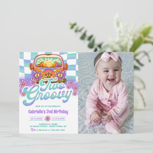 Twee Groovy 2e Verjaardagsfeest Boho Bloemen Foto Kaart (Staand voorkant)