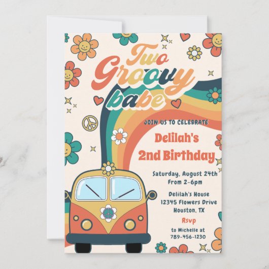 Twee Groovy Babe Retro Bloemen 2e Verjaardagsfeest Kaart (Voorkant)