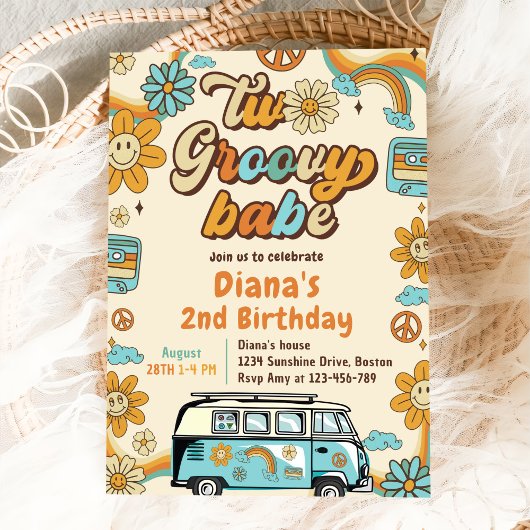 Twee Groovy Babe Retro Regenboog 2de Verjaardagsfe Kaart