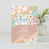 Twee Groovy Beige Green Daisy Hippie 2e verjaardag Kaart (Staand voorkant)
