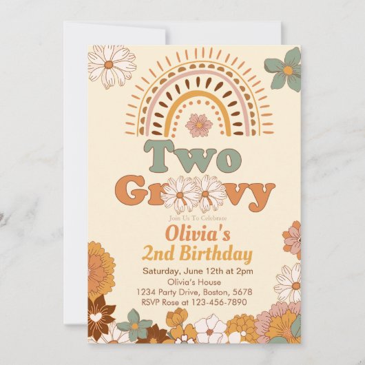Twee Groovy Bloemen Regenboog 2e Verjaardag uitnod Kaart (Voorkant)