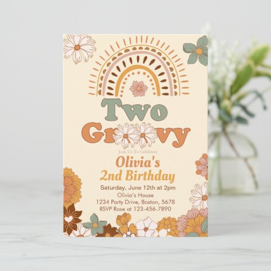 Twee Groovy Bloemen Regenboog 2e Verjaardag uitnod Kaart (Staand voorkant)