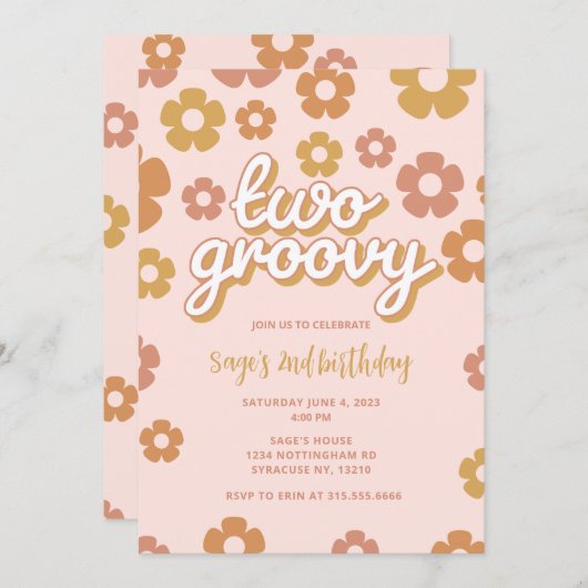 Twee Groovy Boho Daisy 2e verjaardag Uitnodiging (Voorkant / Achterkant)