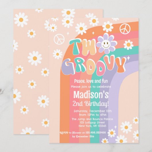 Twee Groovy Boho Daisy 2e verjaardag Uitnodigingen (Voorkant / Achterkant)