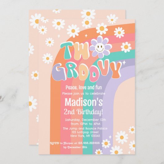Twee Groovy Boho Daisy 2e verjaardag Uitnodigingen (Voorkant / Achterkant)