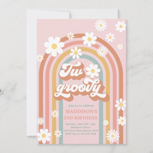 Twee Groovy Boho Daisy Rainbow 2e Birthday Party Kaart (Voorkant)