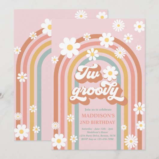 Twee Groovy Boho Daisy Rainbow 2e Birthday Party Kaart (Voorkant / Achterkant)