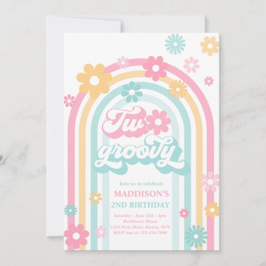 Twee Groovy Boho Daisy Rainbow 2e Birthday Party Kaart (Voorkant)