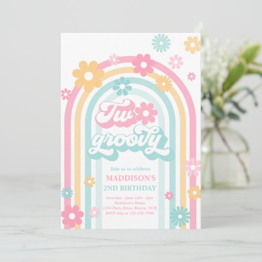 Twee Groovy Boho Daisy Rainbow 2e Birthday Party Kaart (Staand voorkant)