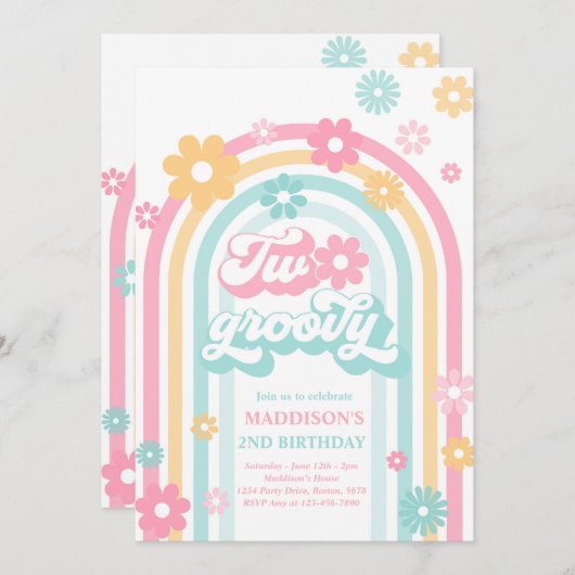 Twee Groovy Boho Daisy Rainbow 2e Birthday Party Kaart (Voorkant / Achterkant)