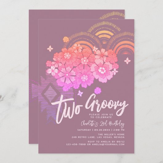 Twee Groovy Boho Floral Retro 2e verjaardag Kaart (Voorkant / Achterkant)