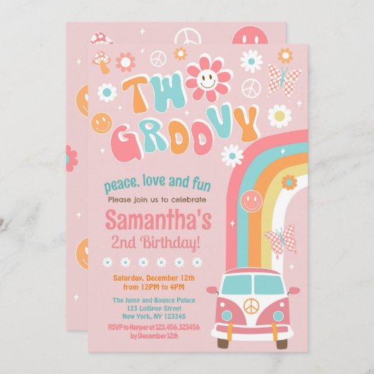 Twee Groovy Boho Retro 2e verjaardag Uitnodigingen (Voorkant / Achterkant)