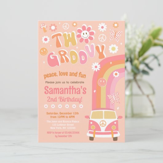 Twee Groovy Boho Retro 2e verjaardag Uitnodigingen (Staand voorkant)