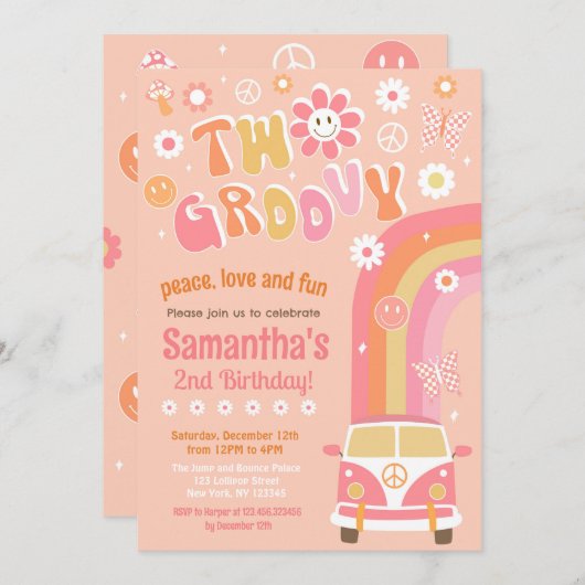 Twee Groovy Boho Retro 2e verjaardag Uitnodigingen (Voorkant / Achterkant)