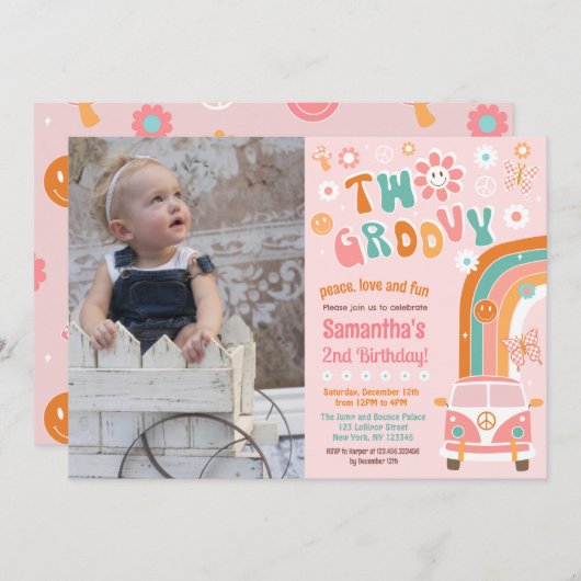 Twee Groovy Boho Retro 2e verjaardag Uitnodigingen (Voorkant / Achterkant)