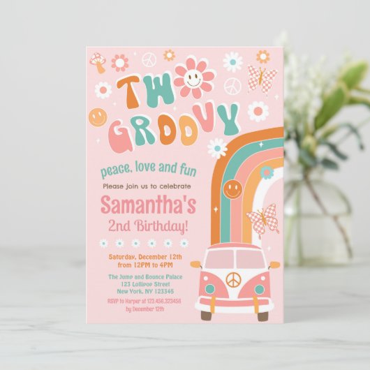 Twee Groovy Boho Retro 2e verjaardag Uitnodigingen (Staand voorkant)