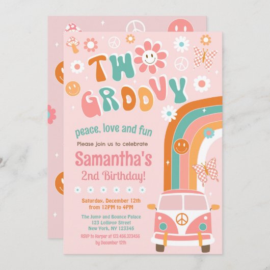 Twee Groovy Boho Retro 2e verjaardag Uitnodigingen (Voorkant / Achterkant)
