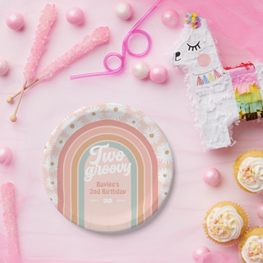 Twee Groovy Boho Retro Daisy 2de verjaardag Papieren Bordje (Feest)