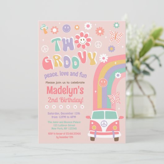 Twee Groovy Boho Retro Hippie Birthday-uitnodiging Kaart (Staand voorkant)