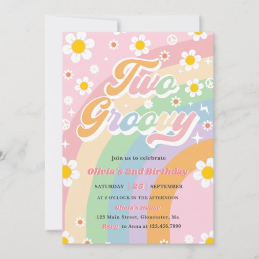 Twee Groovy Daisy Rainbow 2e verjaardagsfeestje Kaart (Voorkant)