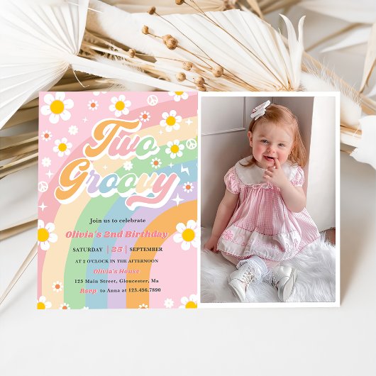 Twee Groovy Daisy Rainbow 2nd Birthday Party Foto Kaart