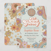 Twee Groovy Floral 2e verjaardag 70s retro uitnodi (Voorkant / Achterkant)
