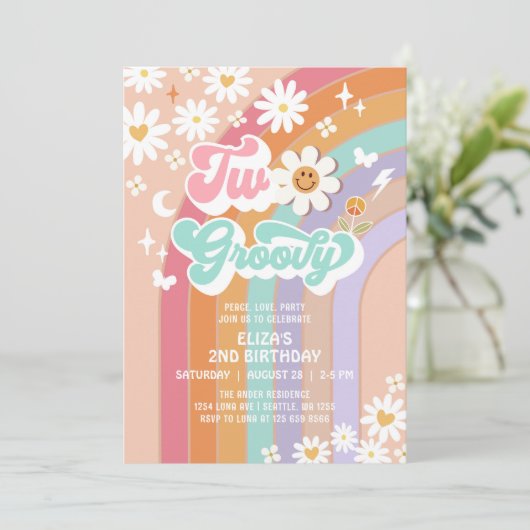 Twee Groovy Hippie Daisy Rainbow 2e Verjaardag Kaart (Staand voorkant)