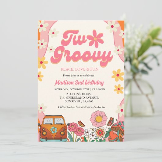 Twee groovy madeliefje Retro Groovy 2e verjaardag Kaart (Staand voorkant)