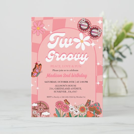 Twee groovy madeliefje Retro Groovy 2e verjaardag Kaart (Staand voorkant)