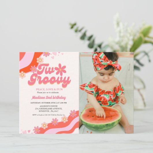 Twee groovy madeliefje Retro Groovy 2e verjaardag Kaart (Staand voorkant)