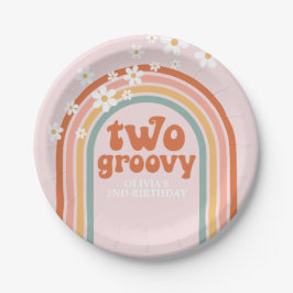 Twee groovy madeliefjes boho bloemrijke regenboog papieren bordje