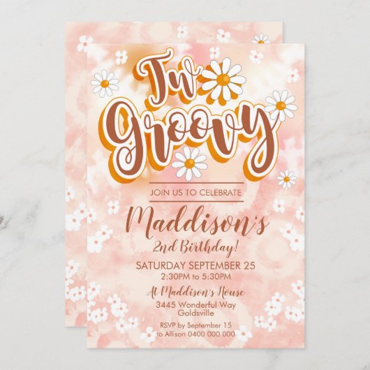 Twee Groovy Party Invitation Daisy 2de verjaardag Kaart (Voorkant / Achterkant)