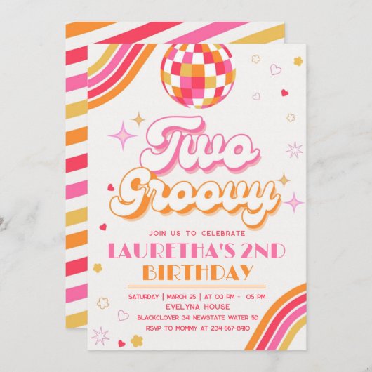 Twee Groovy Party verjaardagsuitnodiging Kaart (Voorkant / Achterkant)