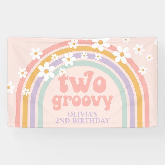 TWEE Groovy Pastel regenboog 2de verjaardag Spandoek (Horizontaal)
